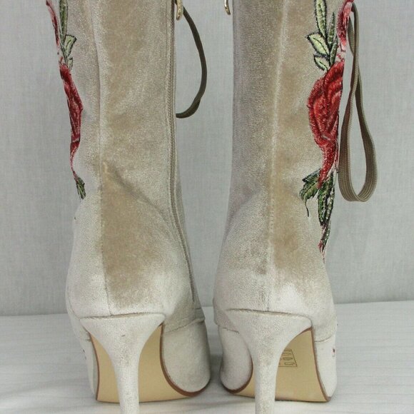 Cape Robbin Womens Embroidered Velvet Lace-up Mid-Calf Stiletto Heel Boot Nude - Picture 7 of 9
